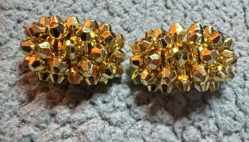 Vintage Gold Tone Faceted Bead Cluster Clip On Earrings